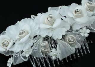 Bridal Ivory Fabric Flower Crystal Handmade Hair Comb T1442  