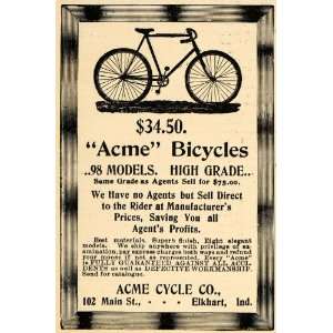 1898 Ad Acme Cycle Company Elkhart Indiana Bicycles   Original Print 