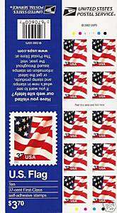 2002 U.S. FLAG .37 BOOKLET OF 10 CAT 3634a DATED 2002  
