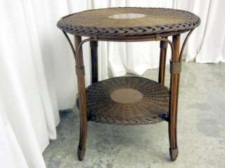 Antique Rattan Wicker Side Lamp Table w Bentwood Legs & Braided Edge 
