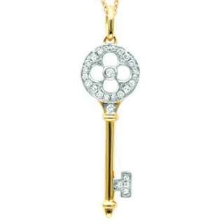 Diamond Clover Key Pendant Necklace in 14k Yellow Gold  