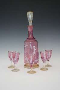 C1890 MARY GREGORY ENAMELED GLASS DECANTER & 5 CORDIAL SHERRY PORT 