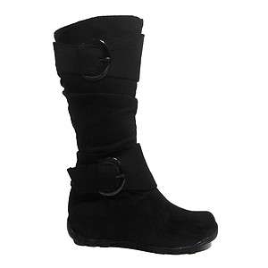   GIRLS STRAPPY FLAT HEEL BUCKLE WRINKLE SLOUCH BOOTS BLACK SUEDE 9 to 4