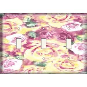  Three Switch Plate   Yellow / Pink Roses