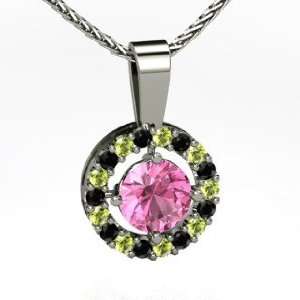 Halo Pendant, Round Pink Sapphire 14K White Gold Necklace with Peridot 