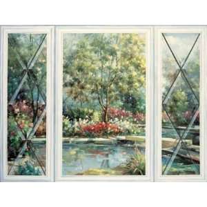 Mural Wall Paper English Leaded Glass Panels French Country Pond Trees 