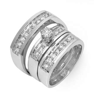 Mens Womens Diamond Trio Solitaire Wedding Ring Set 14K  