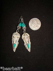 Hand Made Turkomen Tribal Silver Earrings Teal Teardrop Ethnic Jewelry 
