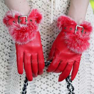   Womens GENUINE LAMBSKIN leather Rabbit fur Fashion Winter Warm gloves