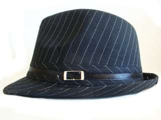 BLACK WITH WHITE PIN STRIPES, BAND, AND BUCKLE FEDORA HAT  