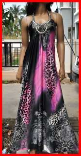   leopard Boho beach hawaiian halter smocked maxi long dress pink S M
