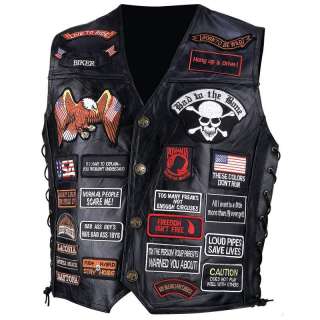 Motorcycle Bikers Leather Vest with 41 Biker Patches Side Laces  
