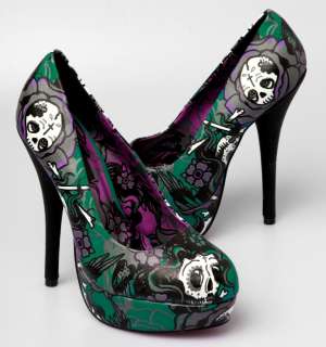 Iron Fist Crosswinds Skull & Flower Platform Heels Shoes Teal Size 8 