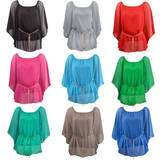 Ladies Crinkled Chiffon Blouse Womens Belted Batwing TTop UK Size 8 
