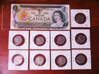   Cents Nickels & 1973 One Dollar Bill Currency Canadian Coins  