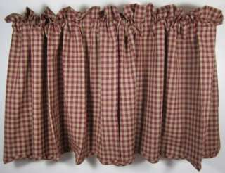 Country Burgundy Tan Check Lined Curtain Tiers 72x24  
