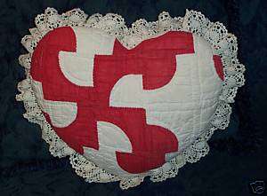 Red Cream Primitive Antique Quilt Heart Pillow Lace  