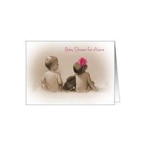 Baby Shower Invitation for Alana, little boy and girl with pink flower 