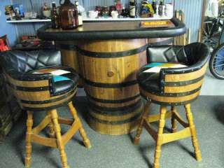 VINTAGE WINE BARREL BAR SET, BAR, STOOLS, CHAIRS NR. U 1/2 2 C THIS 