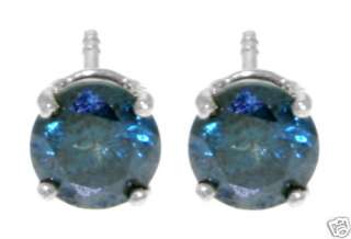 blue diamond earring studs set in solid 14k white gold