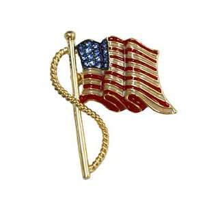  Gold Plated USA Flag Rhinestone Brooch Pin Jewelry
