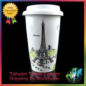 Coffee Cup Mug Double layered Ceramics 12 oz. Silicone Lid Eiffel 