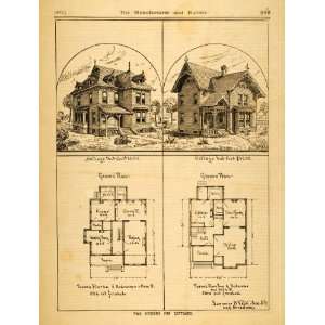  1877 Print Cottage Floor Plans Victorian Architecture House Home 