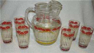 60s Glass Pitcher & 6 Glass Set White Picket Fence with Red, Yellow 