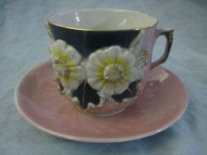 Antique Germany PINK LUSTRE CUP & SAUCER Applied Flower  