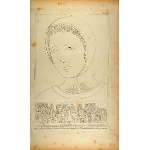  1845 Antique Engraving Simone Martini Siena Woman Head 
