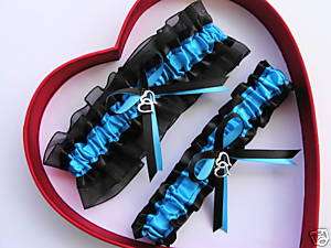DOUBLE HEART Wedding Garters Turquoise / Black Garter  