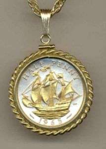 Gold/Silver Coin Necklace, British 1/2 Penny Ship  