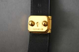 Authentic HERMES Goldtone Black Leather Bracelet w/ Box  