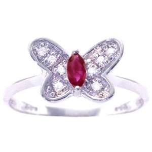  14K White Gold Marquis and Diamond Butterfly Ring Ruby 