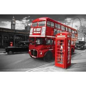 com London Landmarks Bus Telephone Booth   Wood Plaqued Poster (Gold 