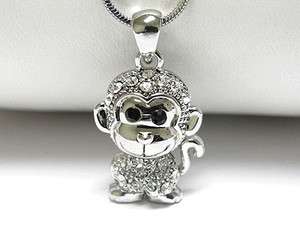 NEW CRYSTAL MONKEY PENDANT NECKLACE WHITE GOLD PLATED  