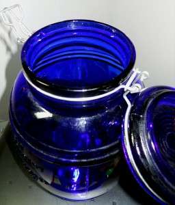 COBALT BLUE GLASS APOTHECARY COOKIE JAR Uncle Ezras Cracker Barrel w 