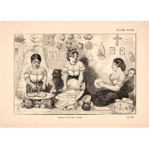  1883 Wood Engraving Women Make Tortilla Cake Cooking 