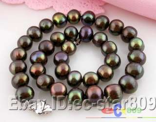 17 12mm peacock black round FW pearl necklace silver  