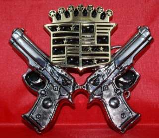 New ROCK REBEL Belt Buckle Silver Pistols Gold Shield  