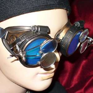 Steampunk Goggles Glasses magnifying lens Gold Blue D  