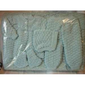Light Green 6 Pc Knit Crochet Popcorn Style Baby Set Blanket Pants 