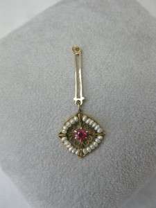 Edwardian Victorian 10K Rose Gold Seed Pearl Synth. Ruby Lavaliere 