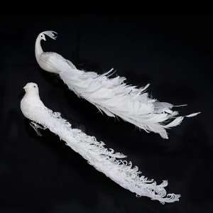  Pack of 6 White Feather Beaded Peacock Bird Christmas 