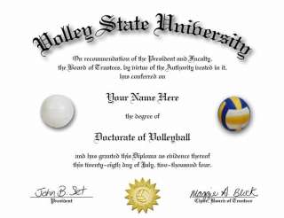 DOCTORATE OF VOLLEYBALL NOVELTY DIPLOMA GREAT GIFT  
