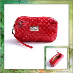  Red Pu Leather Portable Lady Cosmetic Makeup Zipper Hand 