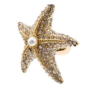  1.5 Inch Gold Tone Ring with Starfish Covered in Crystal 